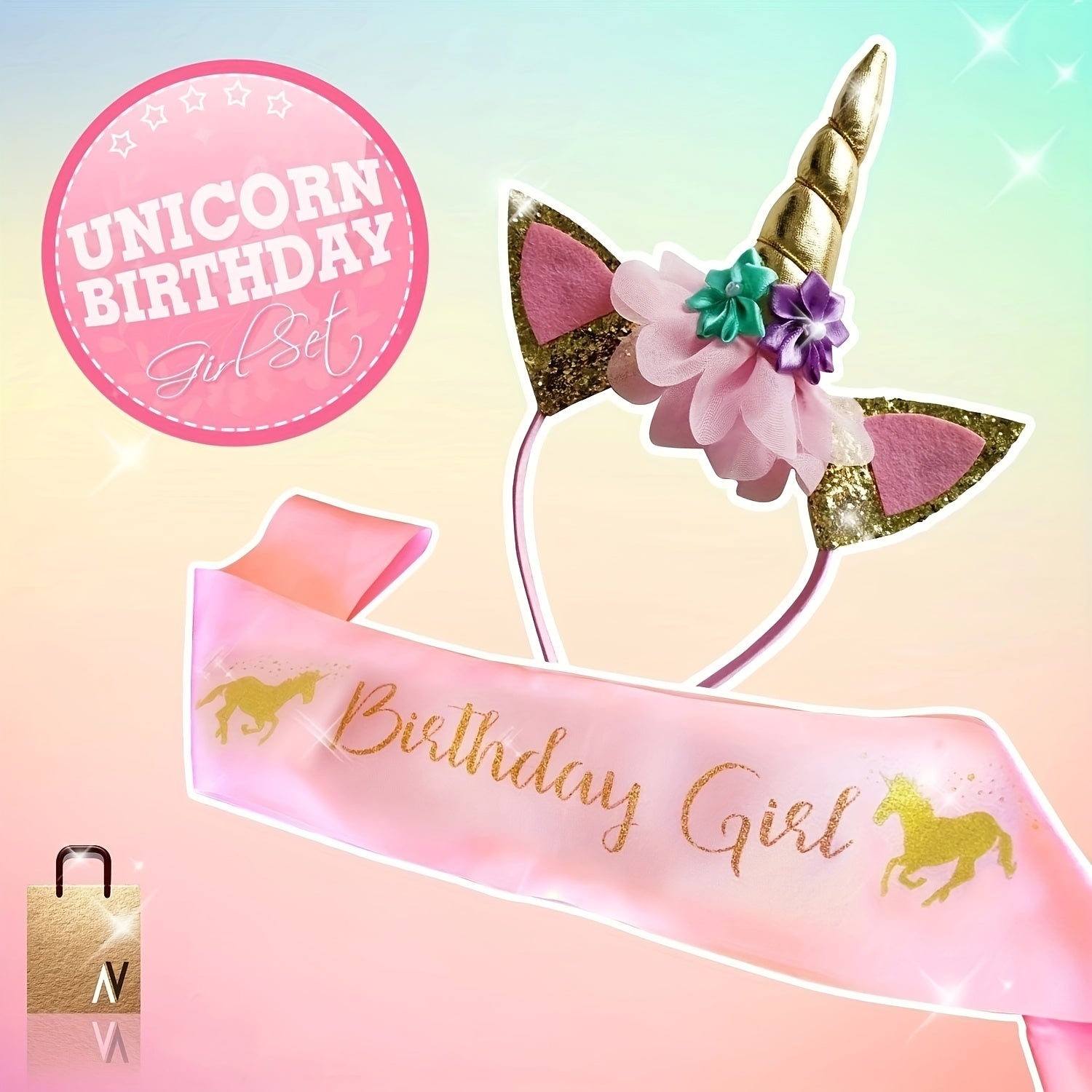Girl's Unicorn Birthday Set: Glitter Unicorn Headband & Pink Satin Sash