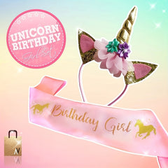 Girl's Unicorn Birthday Set: Glitter Unicorn Headband & Pink Satin Sash