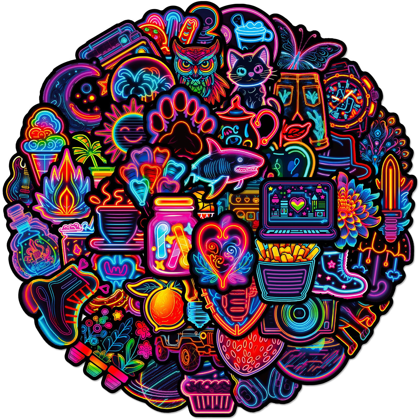 50pcs Neon Cartoon Stickers Waterproof Vinyl Decals for Water Bottle Laptop