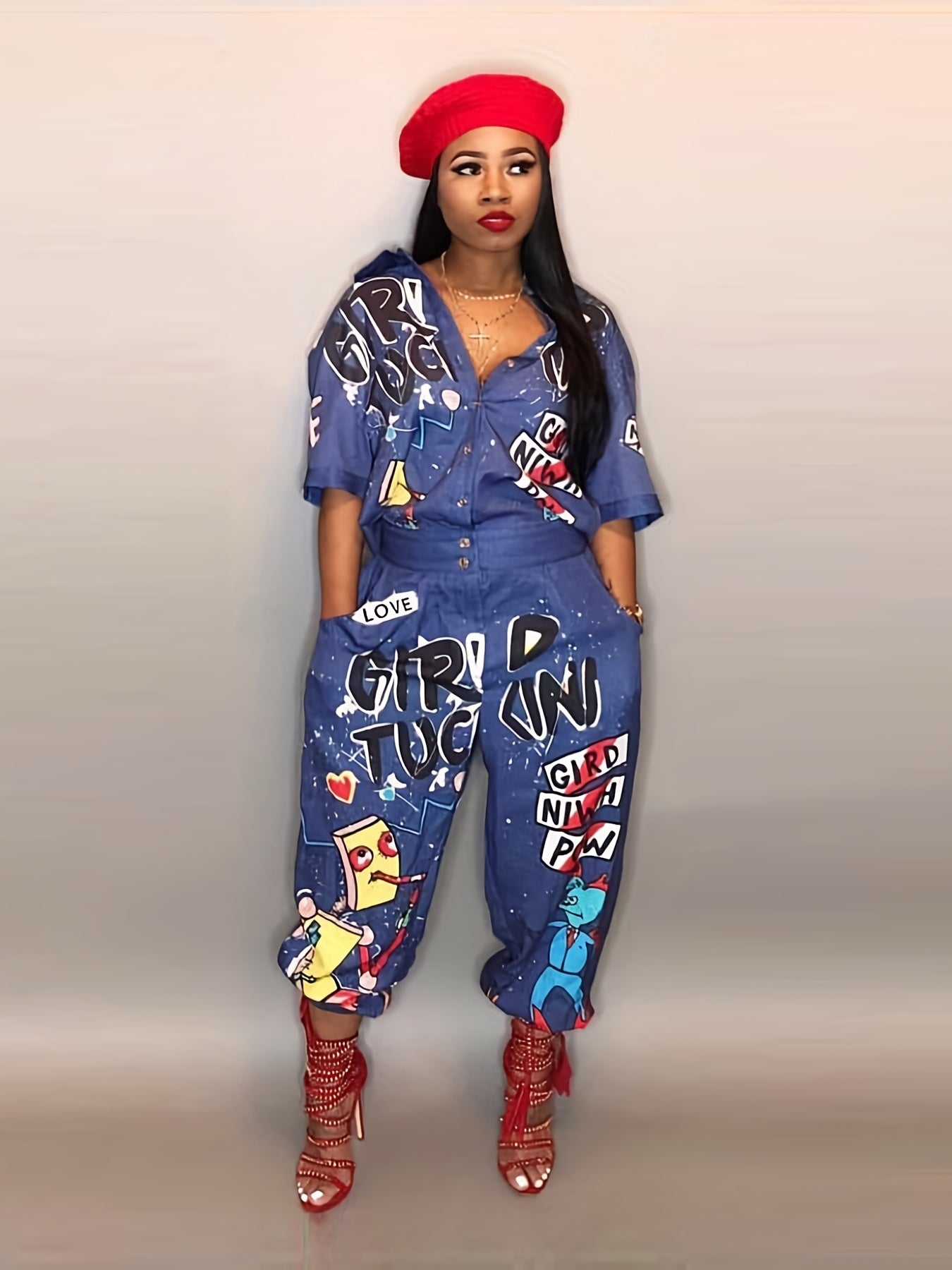 Graffiti Print Long Sleeve Button Jumpsuit