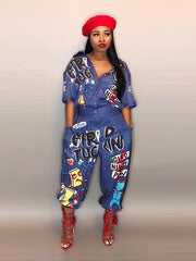Graffiti Print Long Sleeve Button Jumpsuit