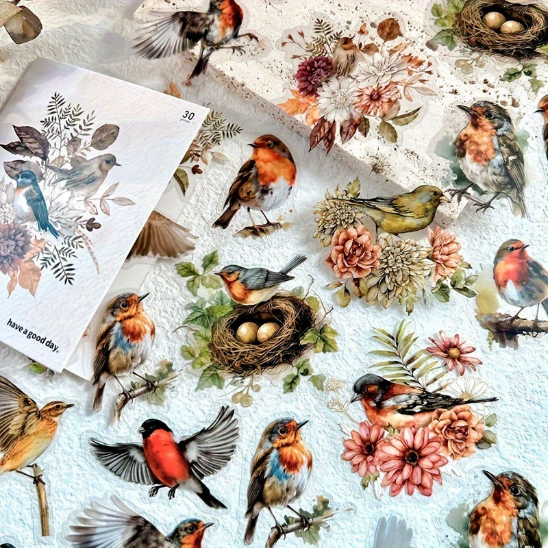 30pcs Cartoon Aesthetics Decals Watercolor Flower Bird DIY Sticker Pack
