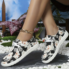 Floral Printed Canvas Lace-Up Loafers Lightweight Walking Sneakers