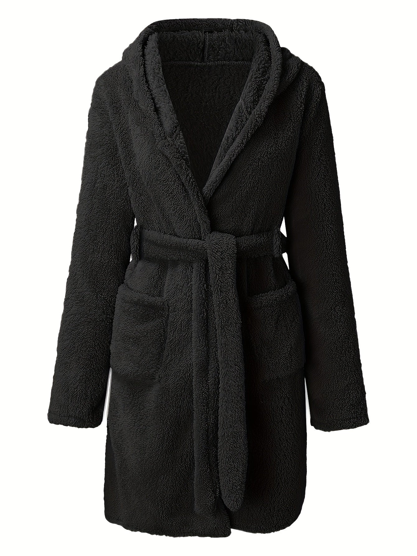 Cozy Fuzzy Hooded Robe with Belt & Pockets