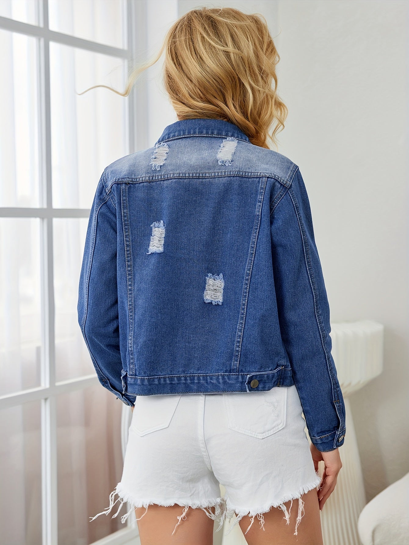 Ripped Holes Denim Jacket Non Stretch Lapel Denim Coat Women's Clothing