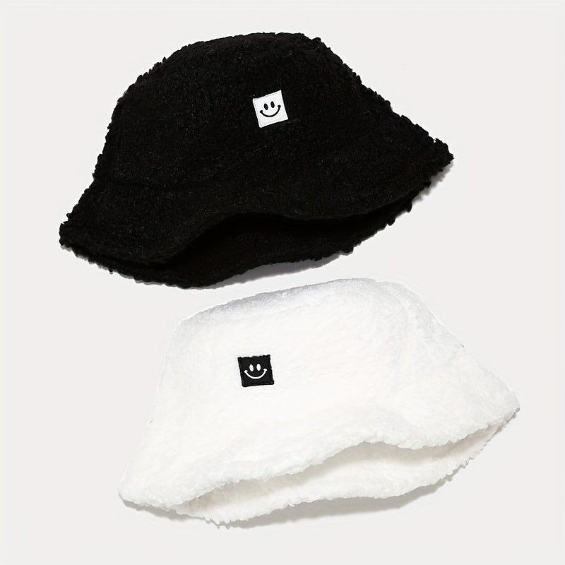 Unisex Sunshade Fleece Bucket Hat with Smile Face Patch - Double Sided Sun Hat