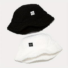 Unisex Sunshade Fleece Bucket Hat with Smile Face Patch - Double Sided Sun Hat