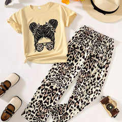 2 Pcs Girls' Portrait Tee & Animal Print Pants Set For Summer