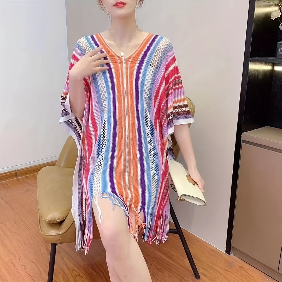 Rainbow Striped Shawl Long Fringed Wrap Hollow Out Sunscreen Shawl