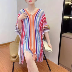 Rainbow Striped Shawl Long Fringed Wrap Hollow Out Sunscreen Shawl