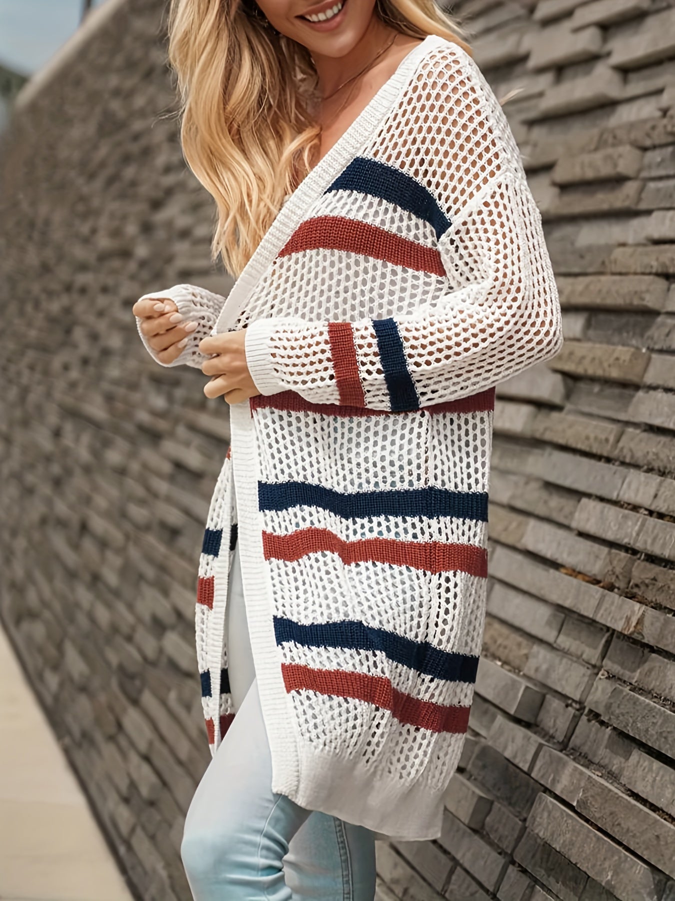 Striped Print Open Front Cardigan Beach Wear Long Sleeve Crochet Cardigan