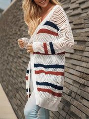 Striped Print Open Front Cardigan Beach Wear Long Sleeve Crochet Cardigan