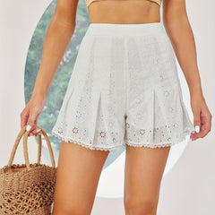 Eyelet Pleated Shorts for Women Summer Vacation Wear