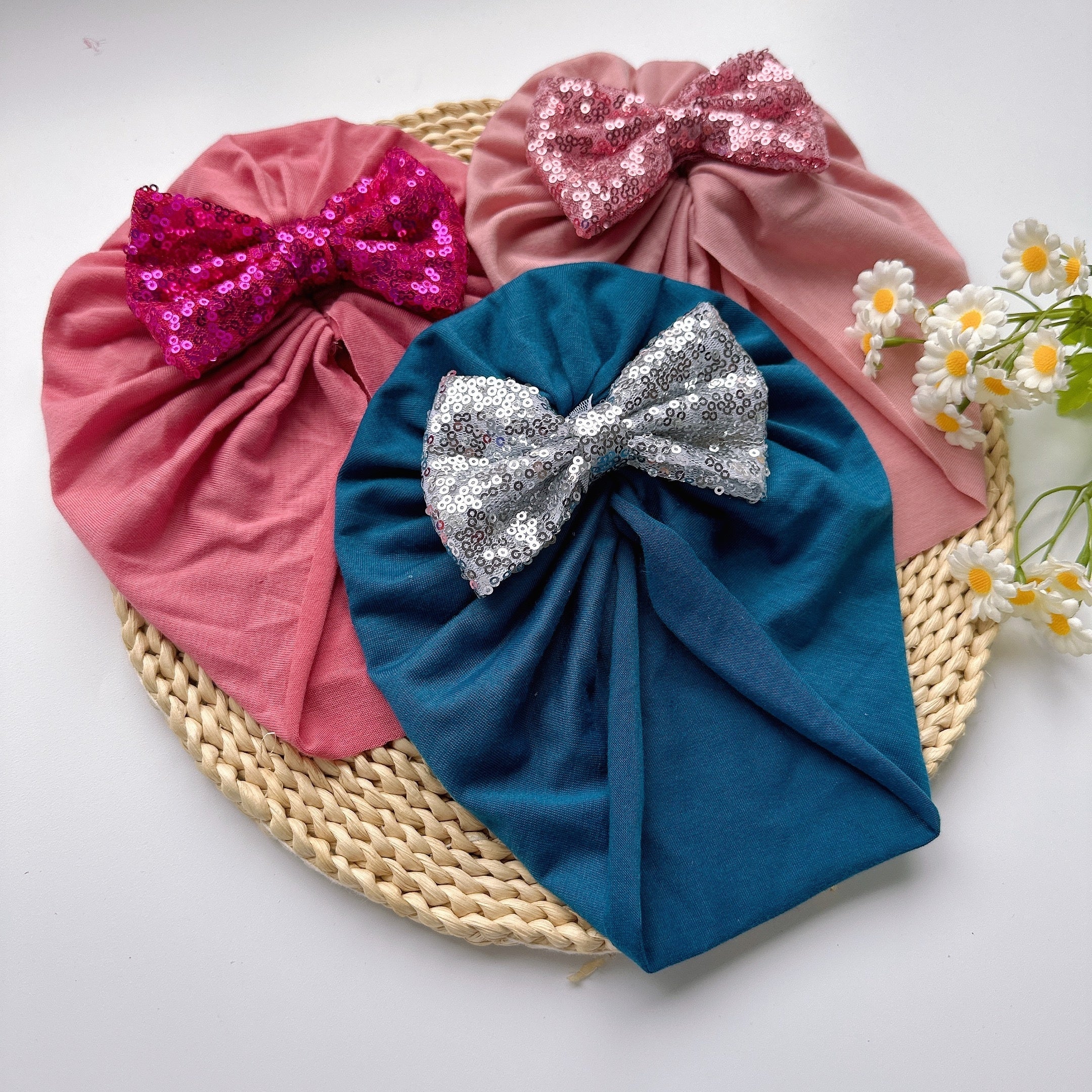 Soft Elastic Baby Sequin Bow Hat For Boys And Girls