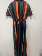 Striped Boho Surplice Neck Dress High Waist Short Sleeve