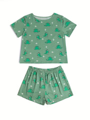Dinosaur Print Lounge Set Short Sleeve Crew Neck Top & Elastic Waistband Shorts