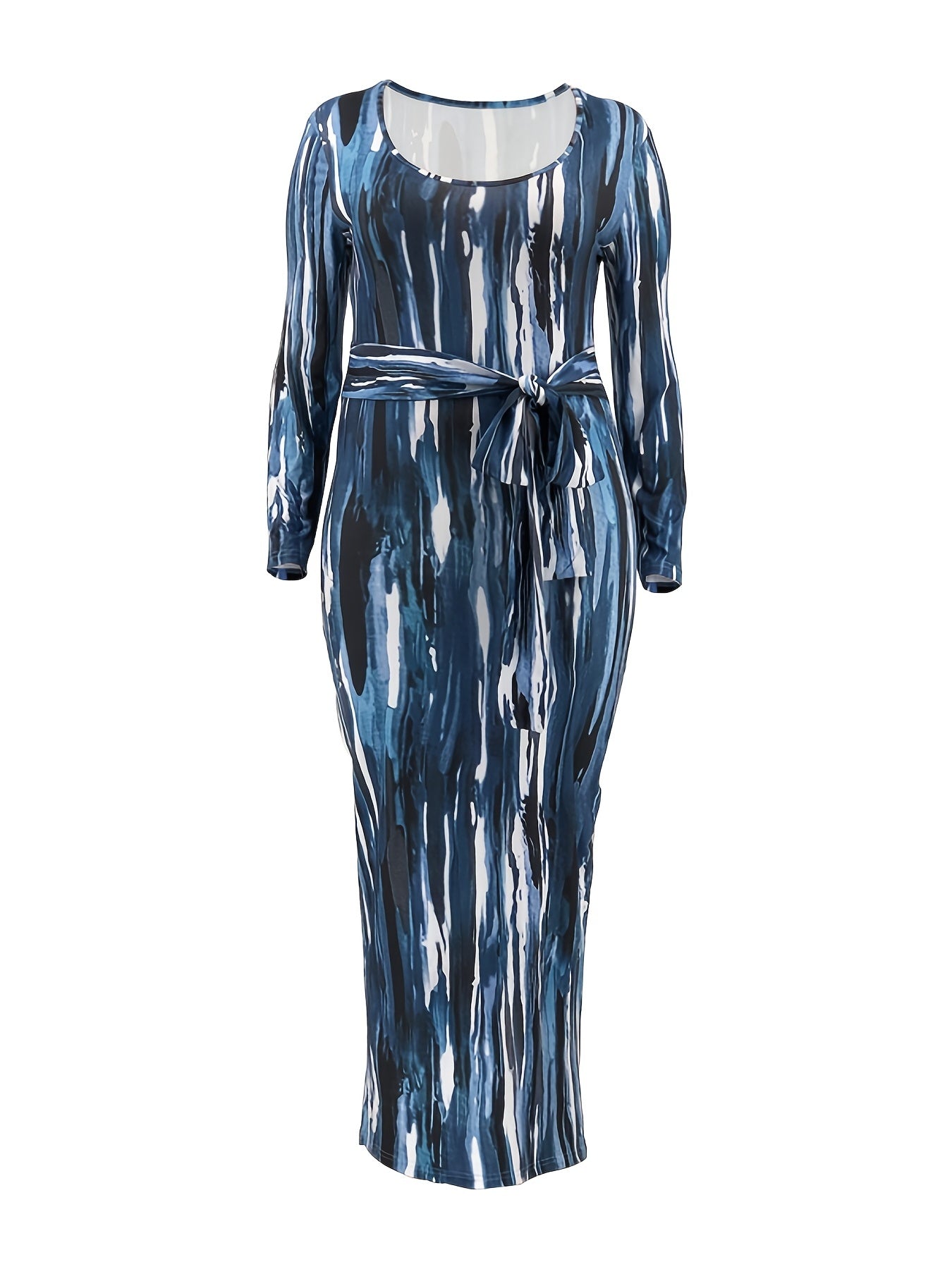 Long Sleeve Bodycon Dress with Belted Print