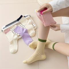 5 Pairs Colorblock Crew Socks Women's Mid Tube Stockings