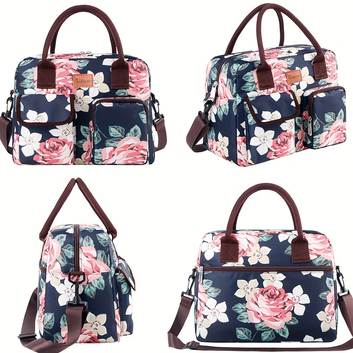 Insulated Lunch Bag Flower Pattern Shoulder Strap Keep Food Fresh