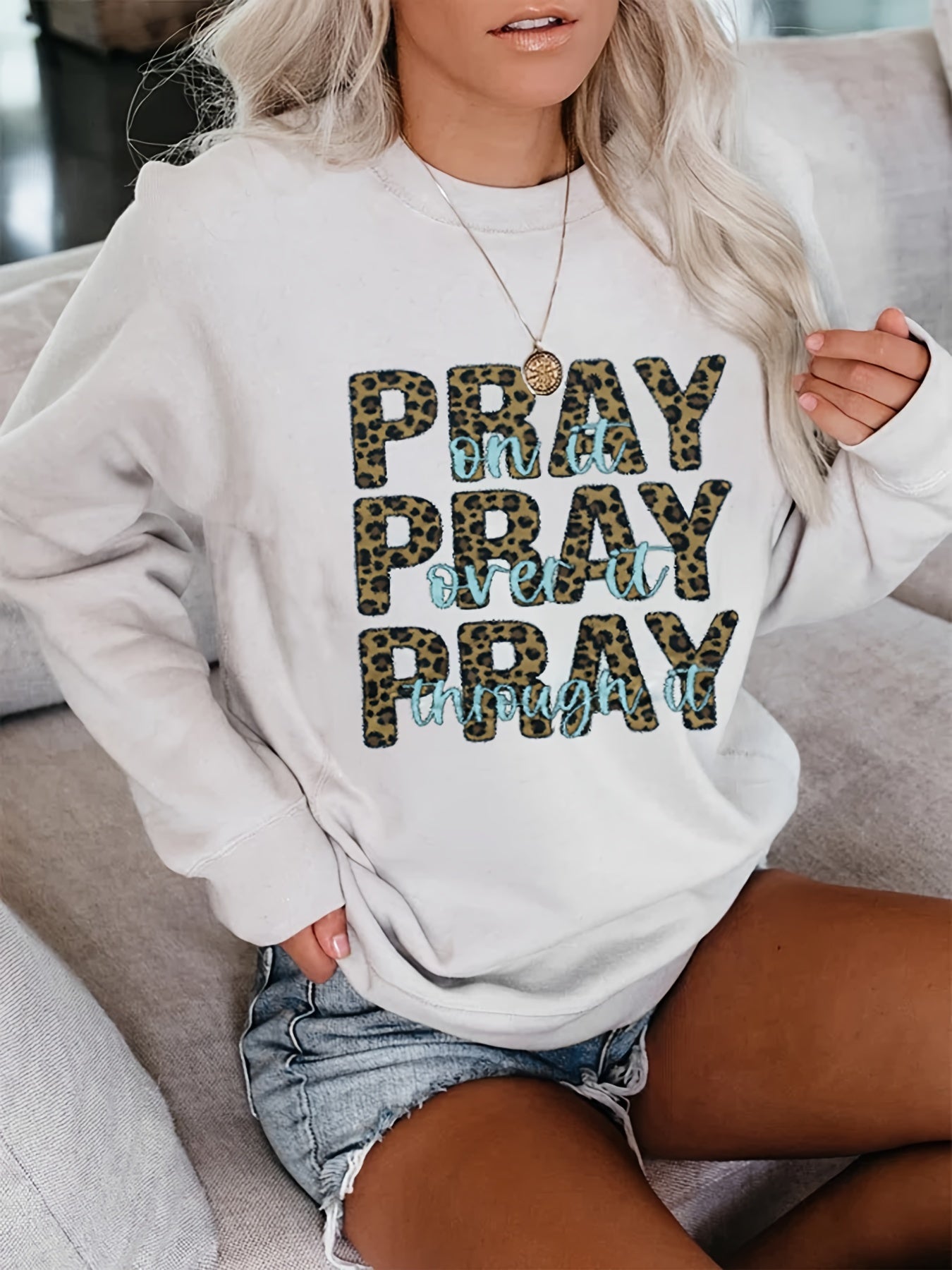 Leopard Letter Print Pullover Sweatshirt for Women