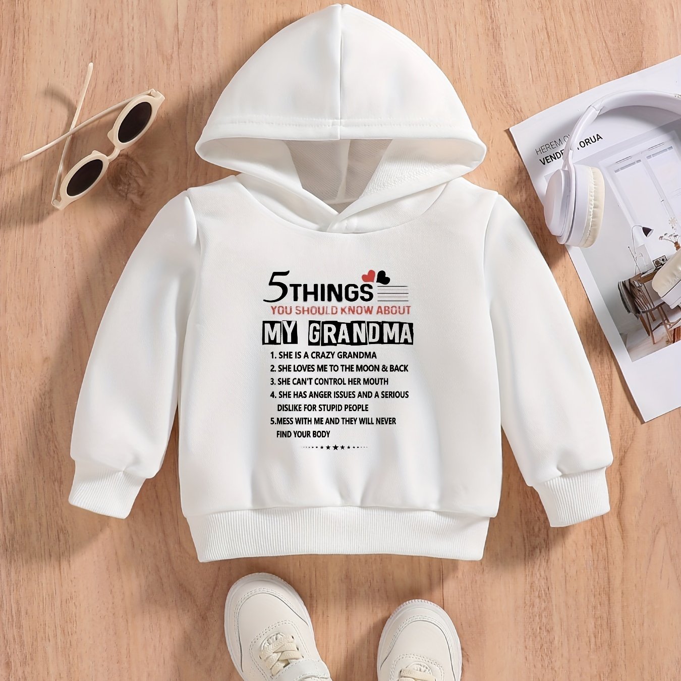 5 THINGS YOU SHOULD KNOW ABOUT MY GRANDMA Letter Print Baby's Hooded Sweatshirt