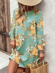 Boho Dress Women's Plus Floral Print Bell Sleeve Cut Out Back Dress