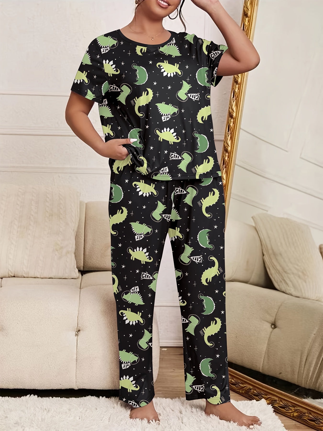 Dinosaur Print Pajamas Set Short Sleeve Tee & Pants Loungewear