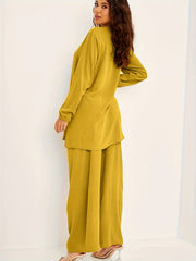 Applique Lantern Sleeve V Neck Belted Tunic Top & Wide Leg Pants Set