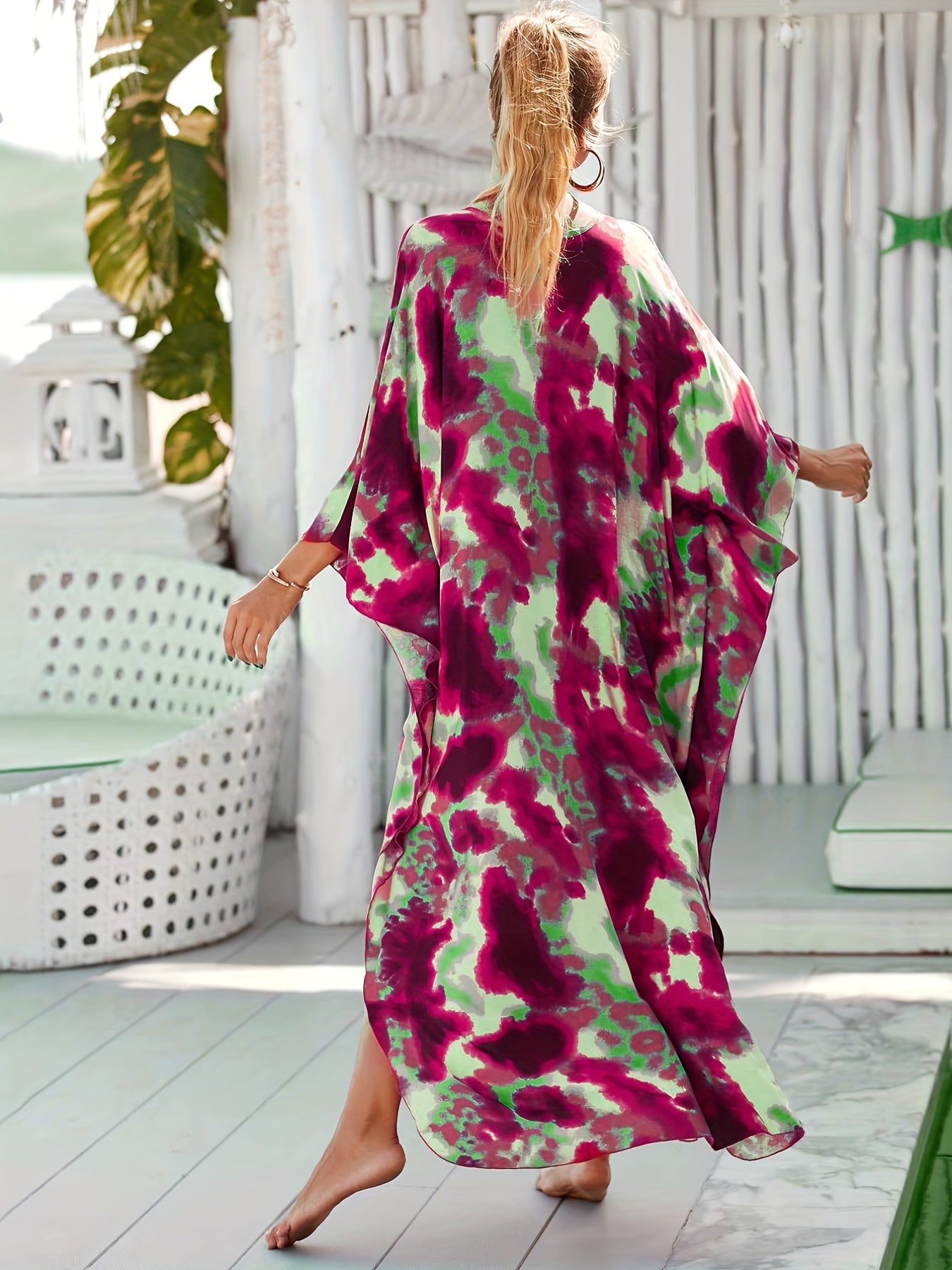 Boho Abaya Dress Women's Plus Tie Dye Batwing Sleeve V Neck Split Maxi