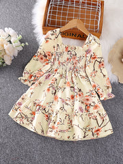 Girls' Smocked Long Sleeve Dress w/ Flower Print