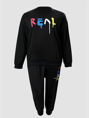 Letter Print Pullover Shirt & Drawstring Pants Set