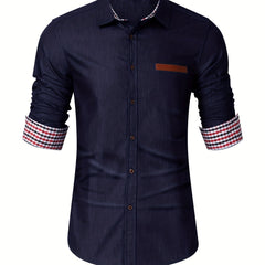 Men's Casual Cotton Navy Denim Button Up Shirt With Stripe Lining