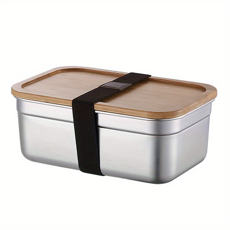 Square Lunch Box Bamboo Lid Bento Stainless Steel Crisper Travel Food Containers