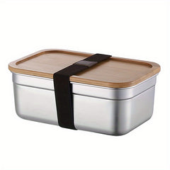 Square Lunch Box Bamboo Lid Bento Stainless Steel Crisper Travel Food Containers