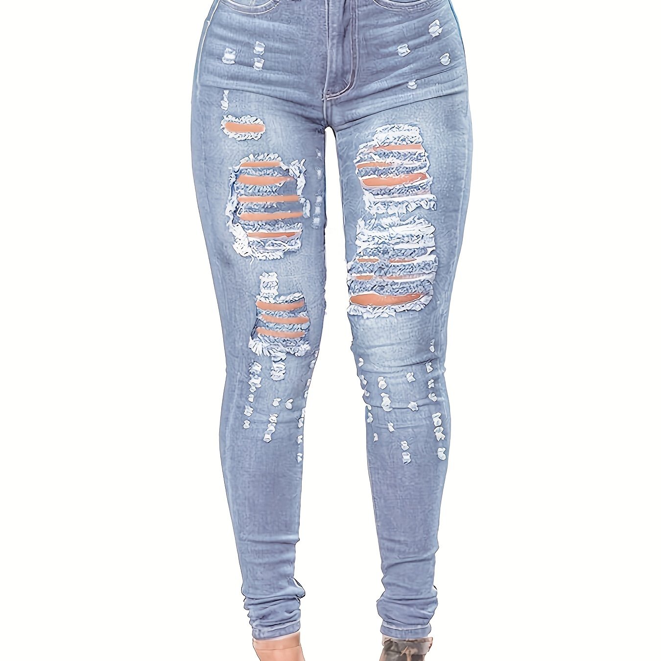 Ripped Holes Casual Skinny Jeans Slim Fit Slash Pockets Distressed High Stretch