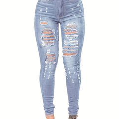 Ripped Holes Casual Skinny Jeans Slim Fit Slash Pockets Distressed High Stretch
