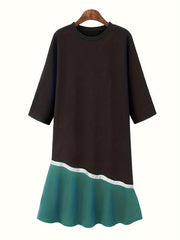 Colorblock Long Sleeve Round Neck Dress