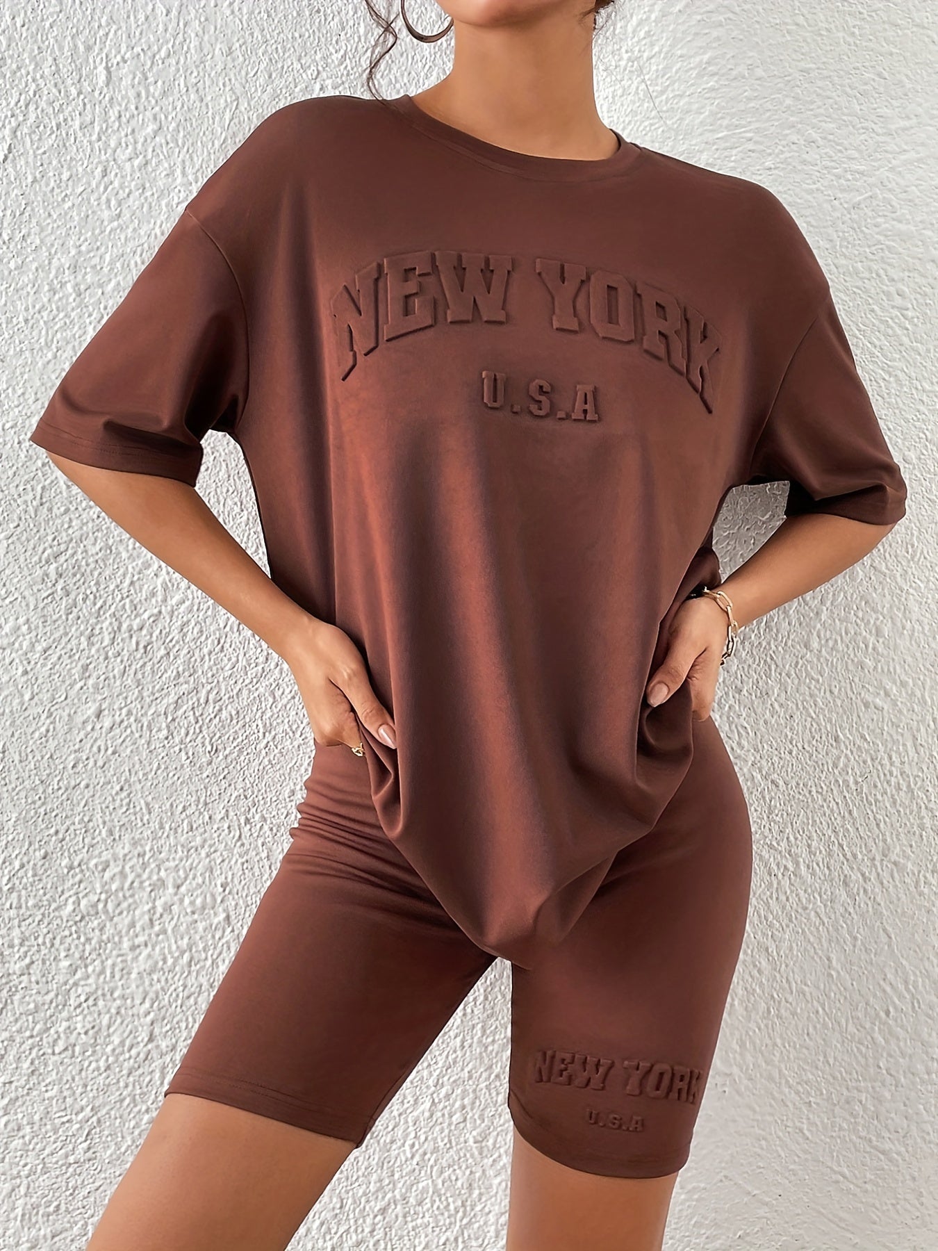 Letter Textured Two-piece Set Casual Half Sleeve T-shirt & Skinny Shorts
