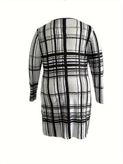 Grid Print Long Sleeve Bodycon Midi Dress