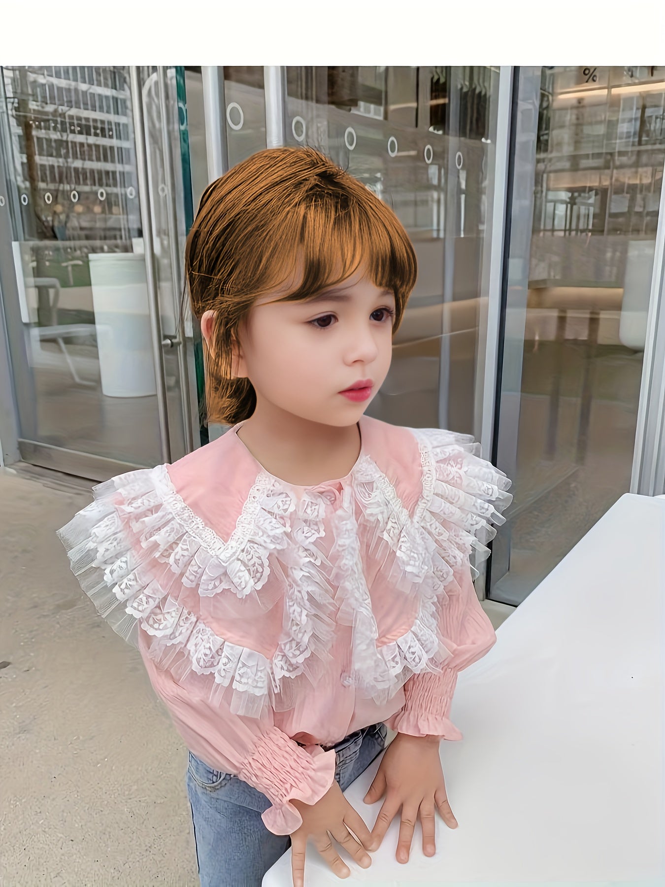 Girls Collared Long Sleeve Shirt with Flutter Trims for Spring and Autumn