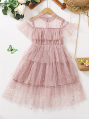 Girls Stars Ruffles Frill Neck Tulle Princess Dress Kids Summer Clothes
