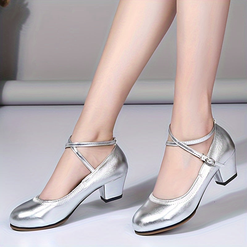 Women's Dance Shoes Cross Strap Chunky Heel Pumps