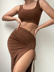 Y2K Solid Slim Two Piece Skirt Set Crop Tank Top & Side Drawstring Split Skirt