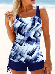 Modest Tankini Set Tie Dye Cami Top & Lace Up Shorts Bathing Suit