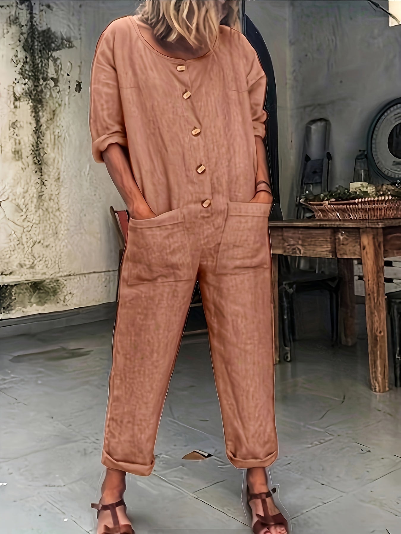 Casual Jumpsuit Solid Button Up Half Sleeve Round Neck With Pockets