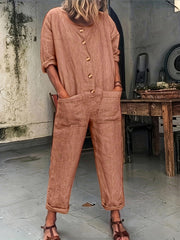 Casual Jumpsuit Solid Button Up Half Sleeve Round Neck With Pockets