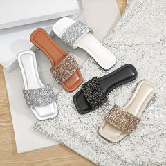 Sequins Flat Slippers Glitter Open Toe Non slip Casual Square Toe Slippers