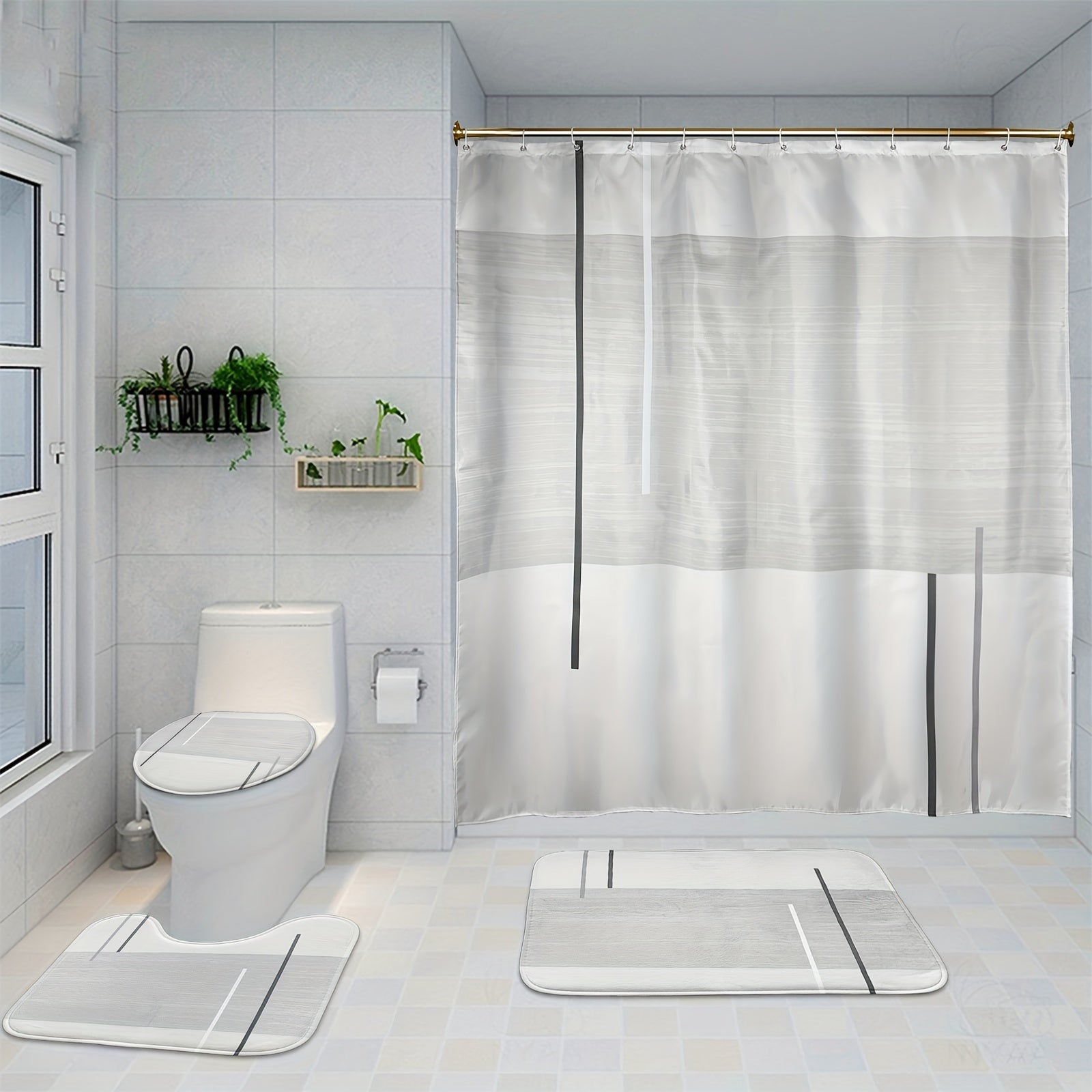 4 Piece Abstract Shower Curtain Set with Non Slip Mat, Lid Cover & 12 Hooks