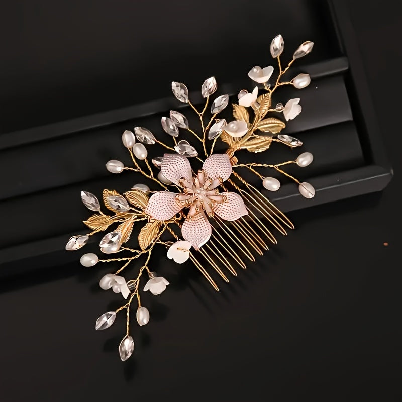 Bride Wedding Hair Comb Faux Pearl Bridal Side Comb Rhinestone Flower