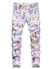 Boys Colorful Pattern Jeans Skinny Slim Fit Washed Denim Long Pants Kids